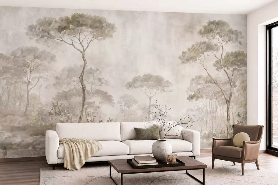 murais de parede Floresta enevoada junto a águas tranquilas, em suaves tons pastel naturais w05817