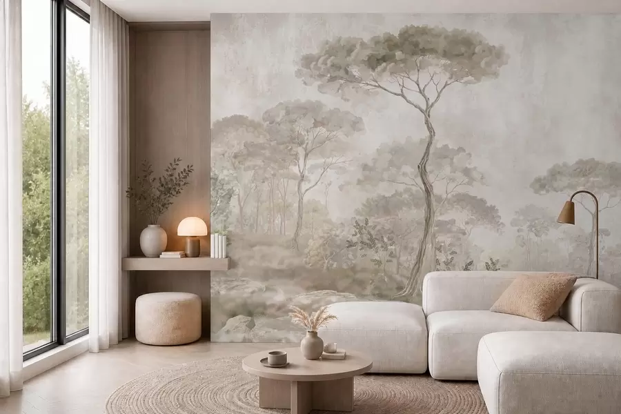 murais de parede Floresta enevoada junto a águas tranquilas, em suaves tons pastel naturais w05817
