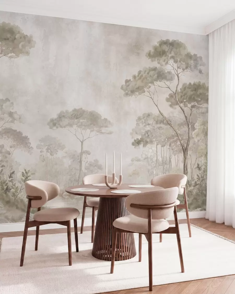 murais de parede Floresta enevoada junto a águas tranquilas, em suaves tons pastel naturais w05817