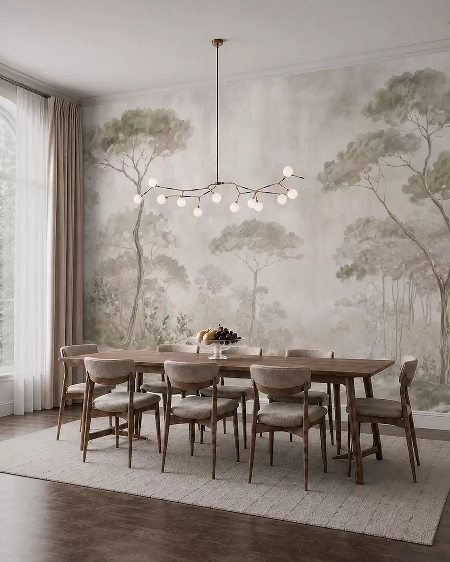 murais de parede Floresta enevoada junto a águas tranquilas, em suaves tons pastel naturais w05817