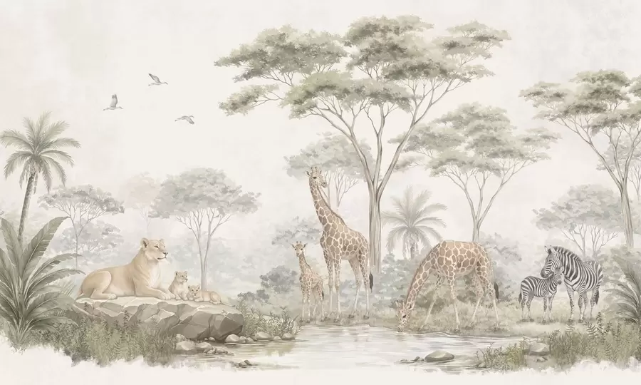murais de parede Safari com girafas, leões, zebras e árvores tropicais w05804