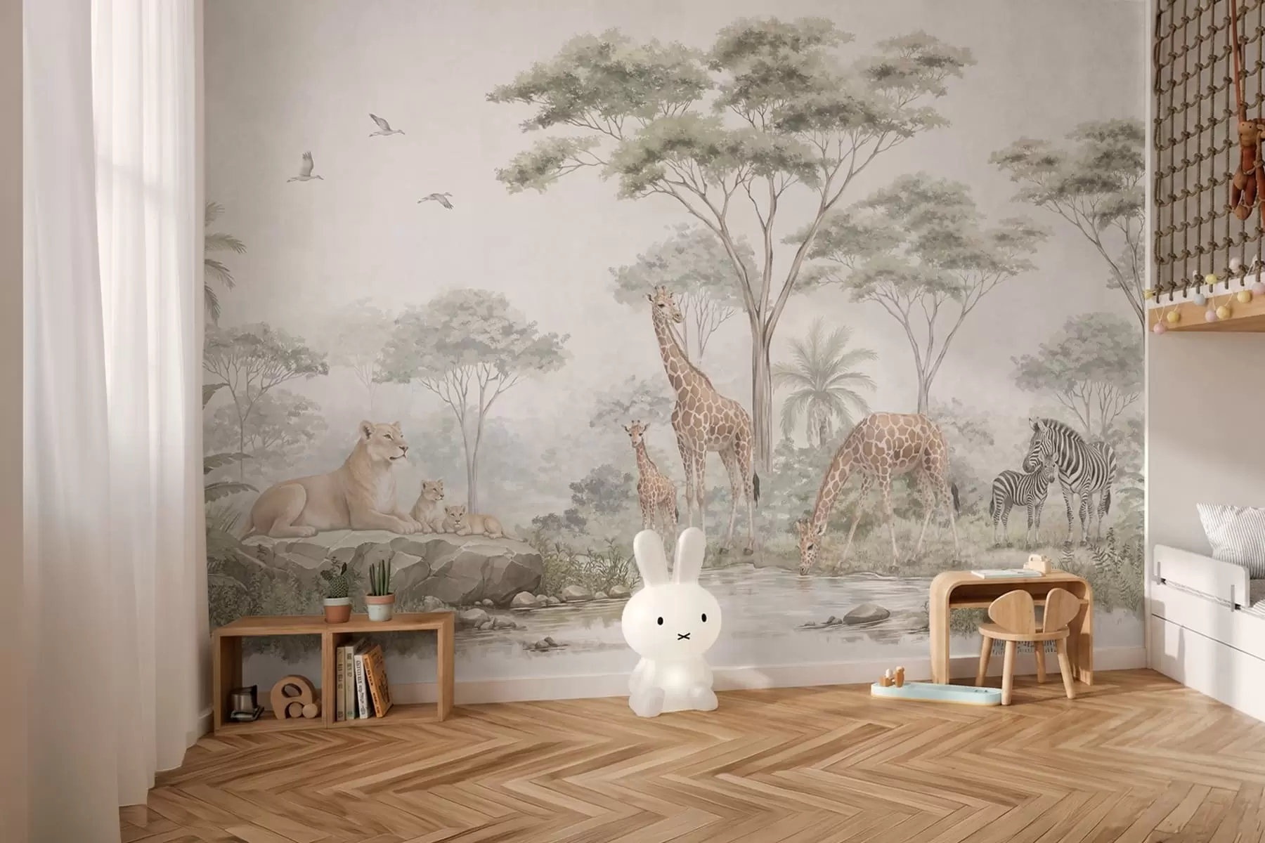 murais de parede Safari com girafas, leões, zebras e árvores tropicais w05804