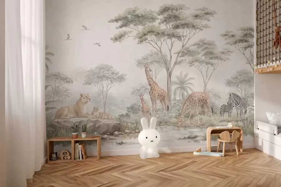 murais de parede Safari com girafas, leões, zebras e árvores tropicais w05804