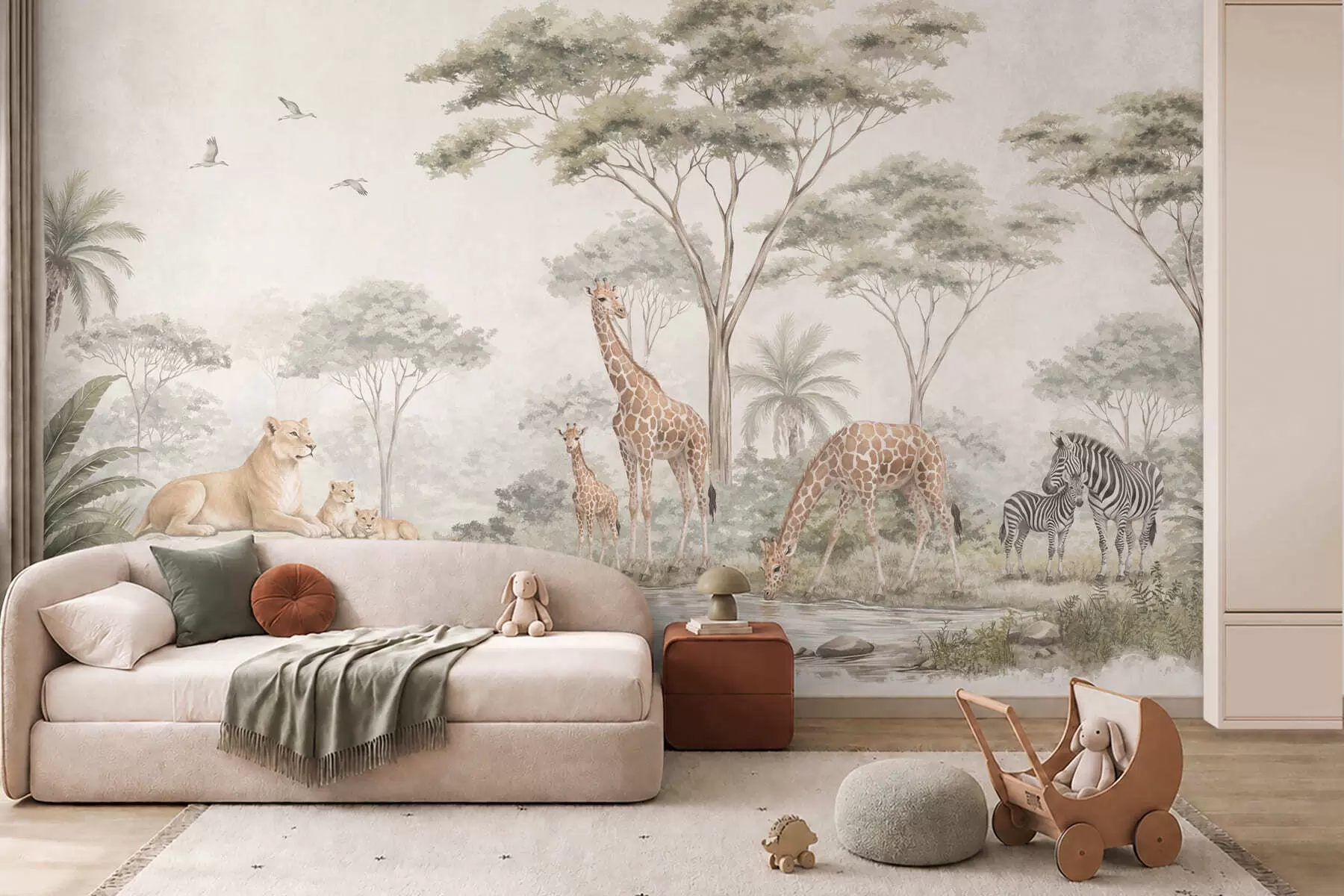 murais de parede Safari com girafas, leões, zebras e árvores tropicais w05804