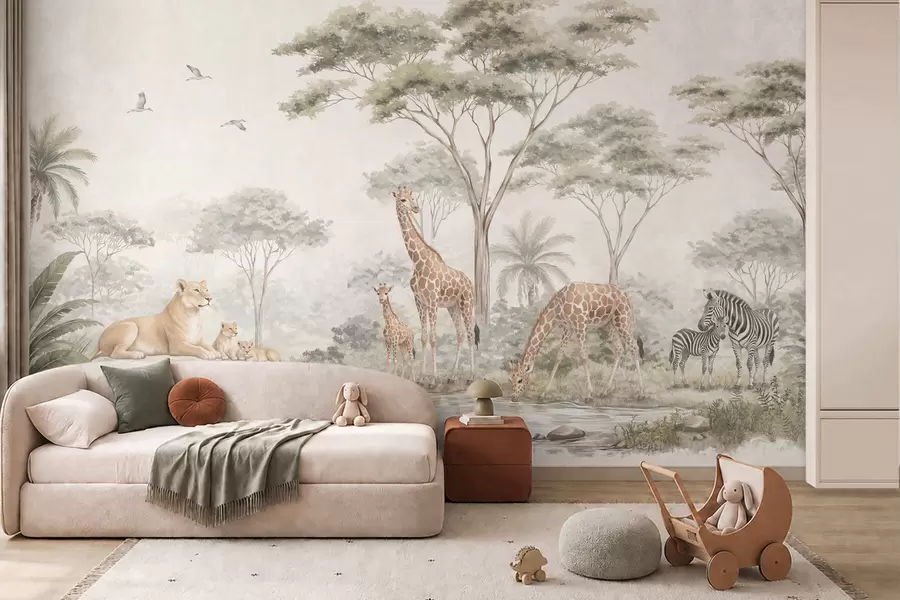 murais de parede Safari com girafas, leões, zebras e árvores tropicais w05804