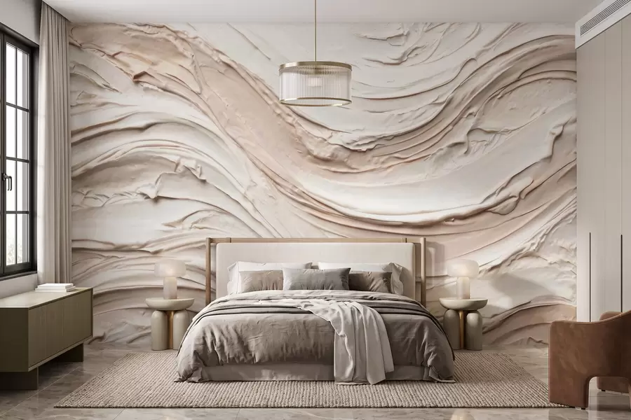 murais de parede Ondas quentes em tons de creme e pêssego, imitando gesso texturado, abstrato w09990