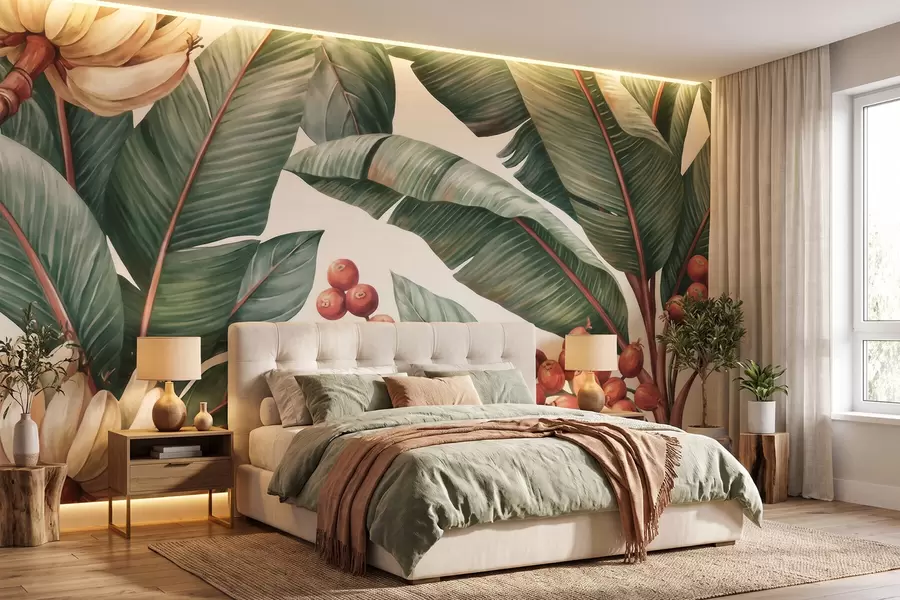 murais de parede Folhas de bananeira tropicais com cachos de bagas de café vermelhas, em estilo aquarela w09997