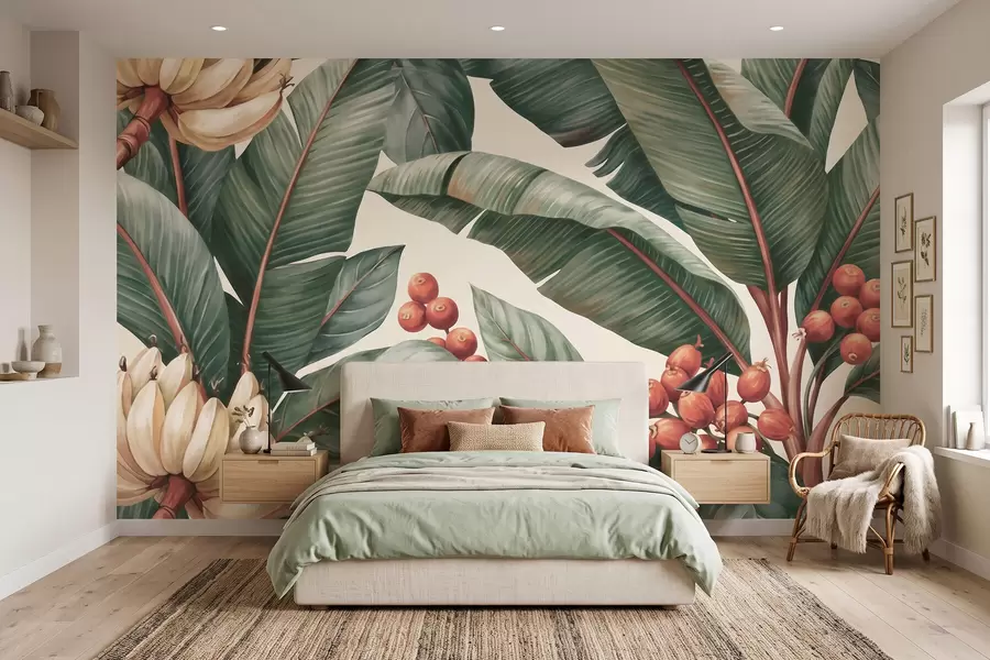 murais de parede Folhas de bananeira tropicais com cachos de bagas de café vermelhas, em estilo aquarela w09997