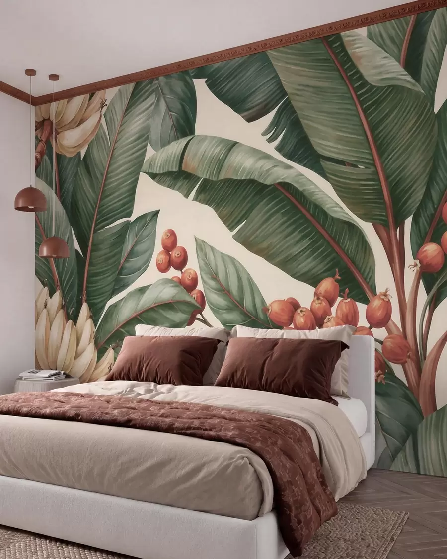 murais de parede Folhas de bananeira tropicais com cachos de bagas de café vermelhas, em estilo aquarela w09997