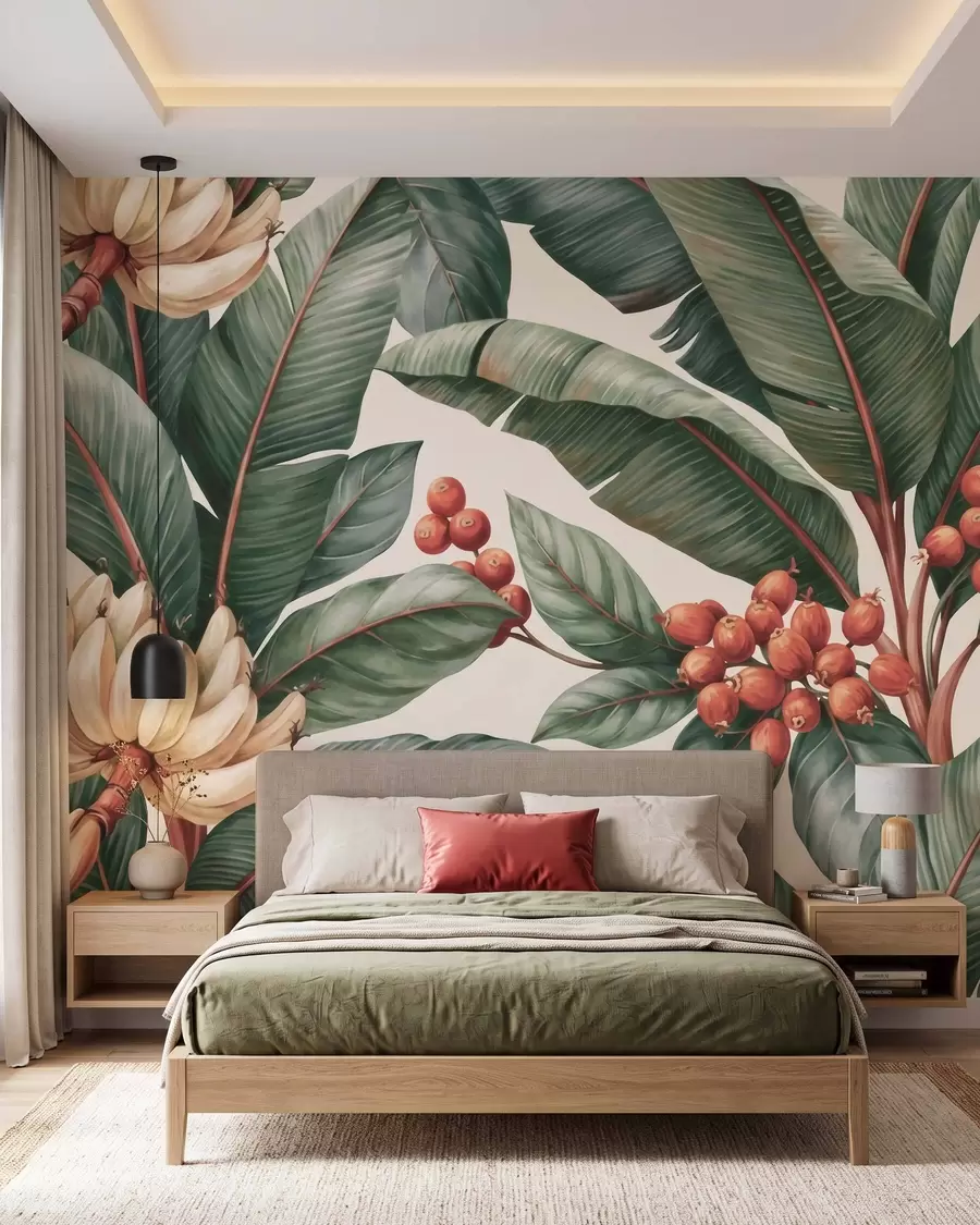 murais de parede Folhas de bananeira tropicais com cachos de bagas de café vermelhas, em estilo aquarela w09997