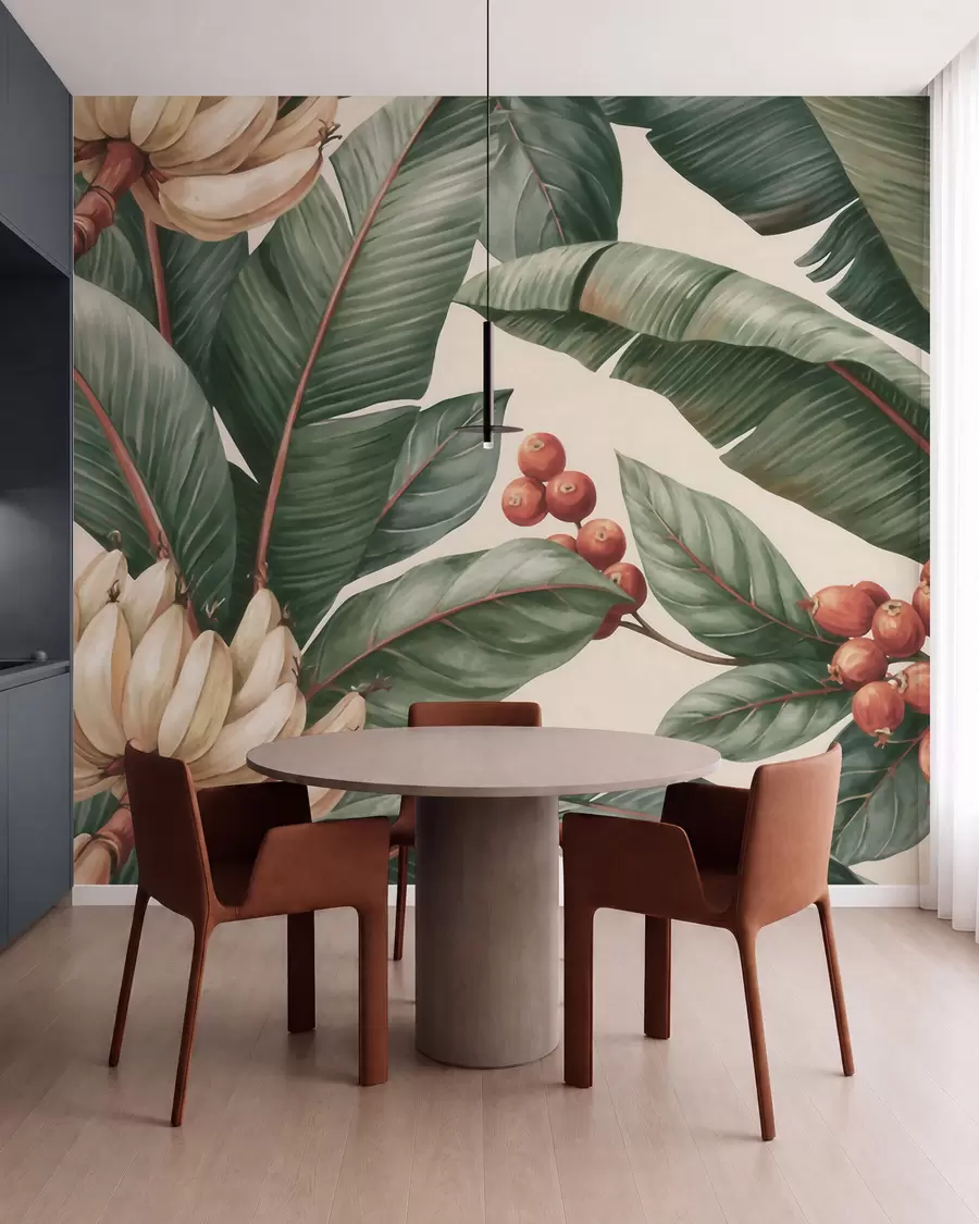 murais de parede Folhas de bananeira tropicais com cachos de bagas de café vermelhas, em estilo aquarela w09997