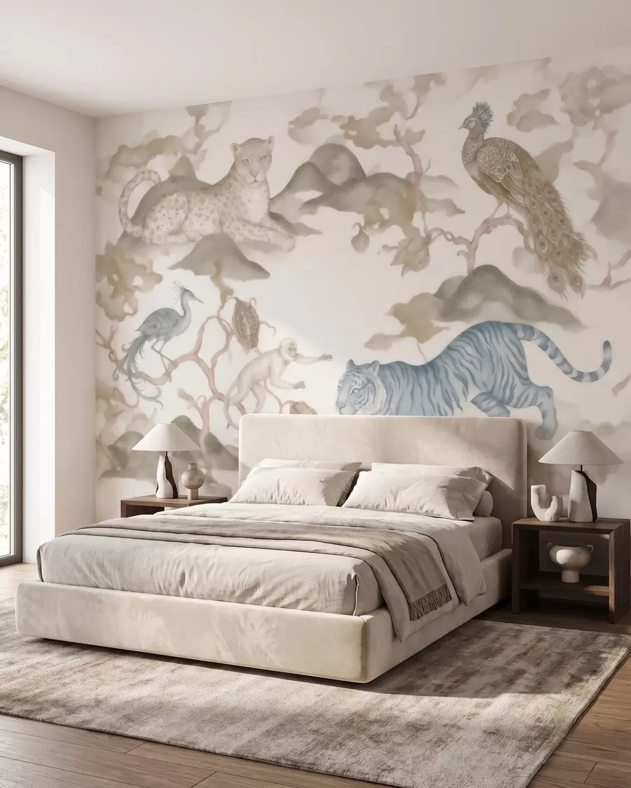 murais de parede Jardim imperial com animais de estilo oriental — macaco, leopardo, tigre, pavão e garça w10011