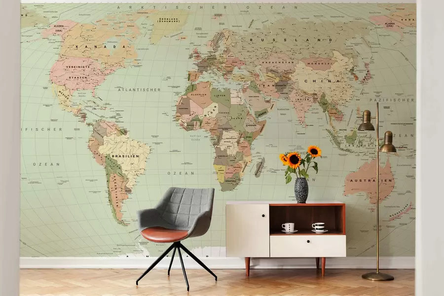 murais de parede Mapa político do mundo em tons de verde-oliva com bandeiras, em alemão c00016dev3