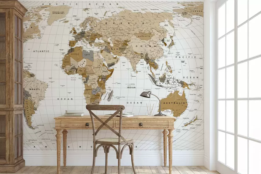 murais de parede Um mapa político do mundo em tons de castanho, com bandeiras e legendas em inglês c00016en