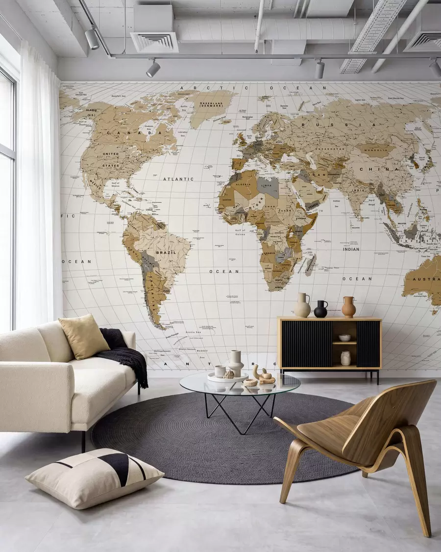 murais de parede Um mapa político do mundo em tons de castanho, com bandeiras e legendas em inglês c00016en