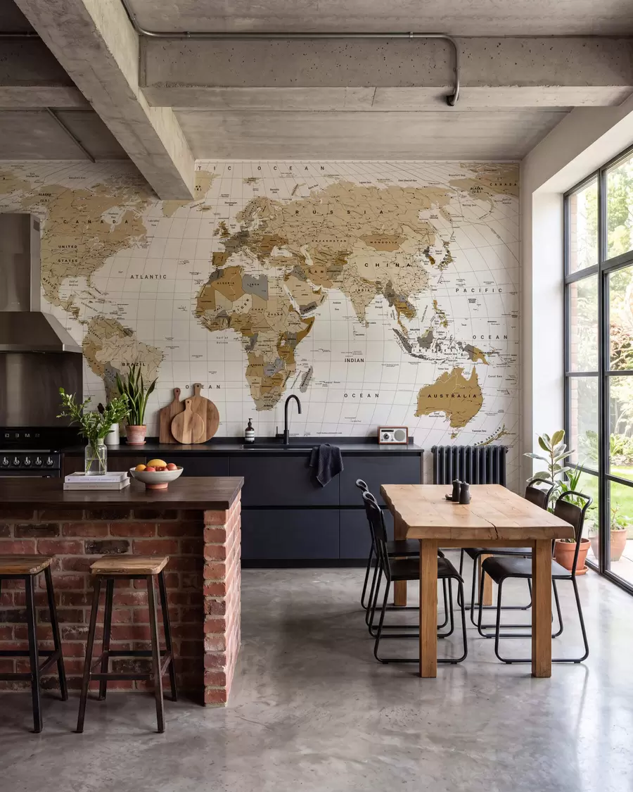 murais de parede Um mapa político do mundo em tons de castanho, com bandeiras e legendas em inglês c00016en