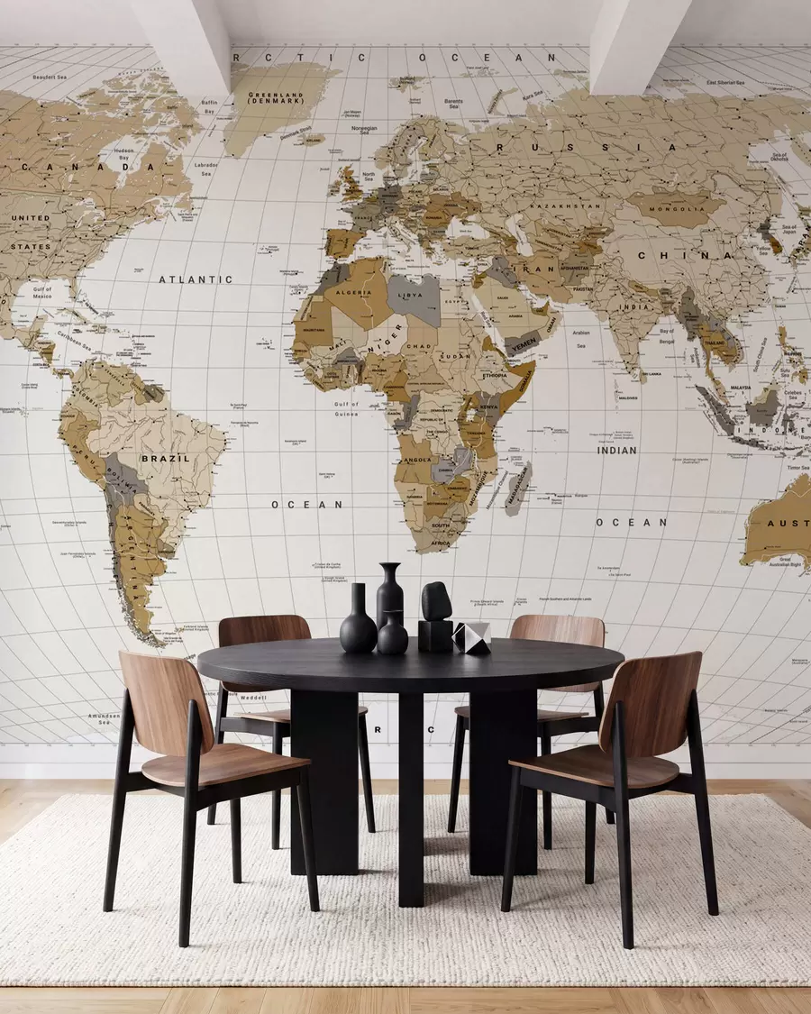 murais de parede Um mapa político do mundo em tons de castanho, com bandeiras e legendas em inglês c00016en