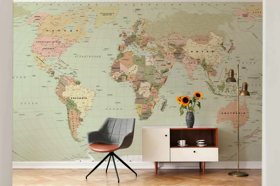 murais de parede Mapa político do mundo em tons de verde-oliva com bandeiras, em ucraniano c00016ukv3