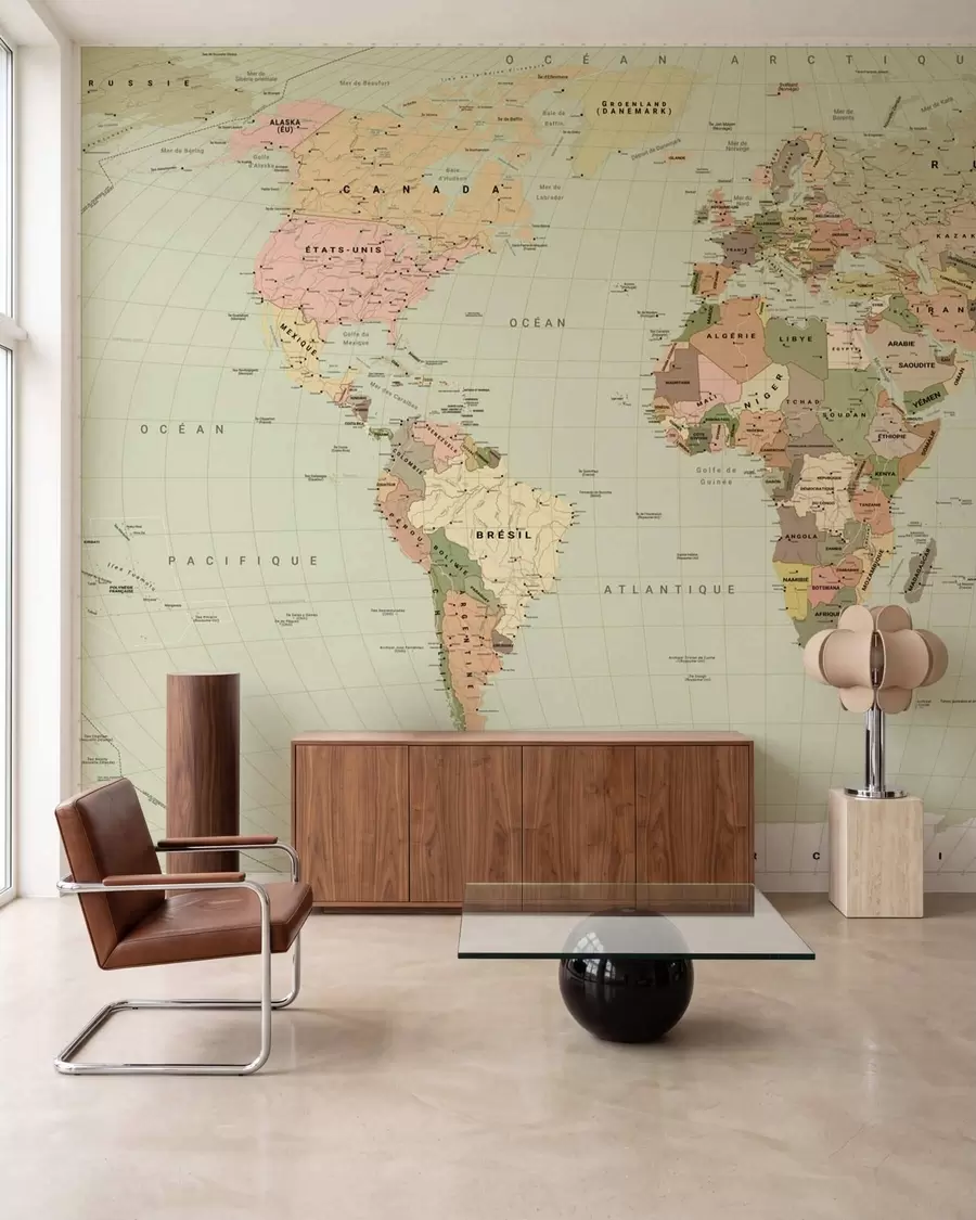 murais de parede Mapa político do mundo em tons de verde-oliva com bandeiras, em francês c00016frv3