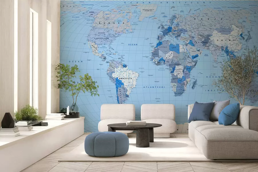 murais de parede Mapa político azul do mundo com bandeiras, em polaco c00016plv2