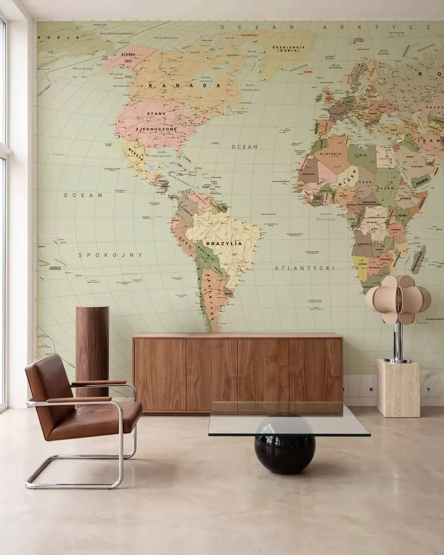 murais de parede Mapa político do mundo em tons de verde-oliva com bandeiras, em polaco c00016plv3