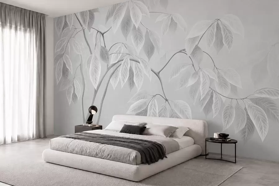 murais de parede Ramos claros com folhas grandes sobre um fundo suave w05806