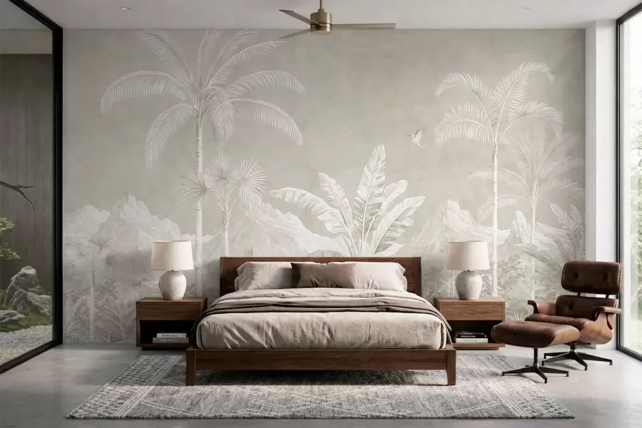 murais de parede Paisagem tropical luminosa com palmeiras, pássaros e montanhas w05819v1