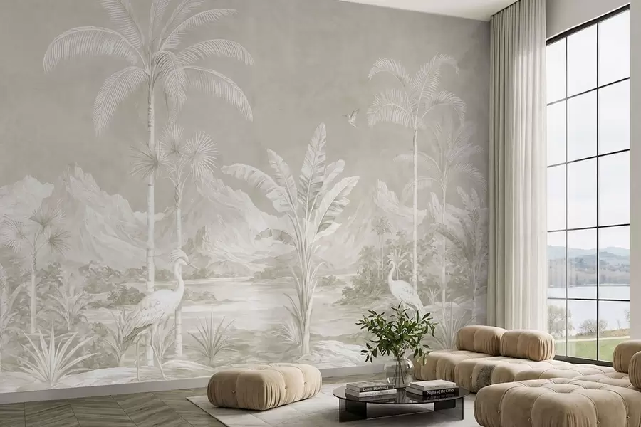 murais de parede Paisagem tropical luminosa com palmeiras, pássaros e montanhas w05819v1