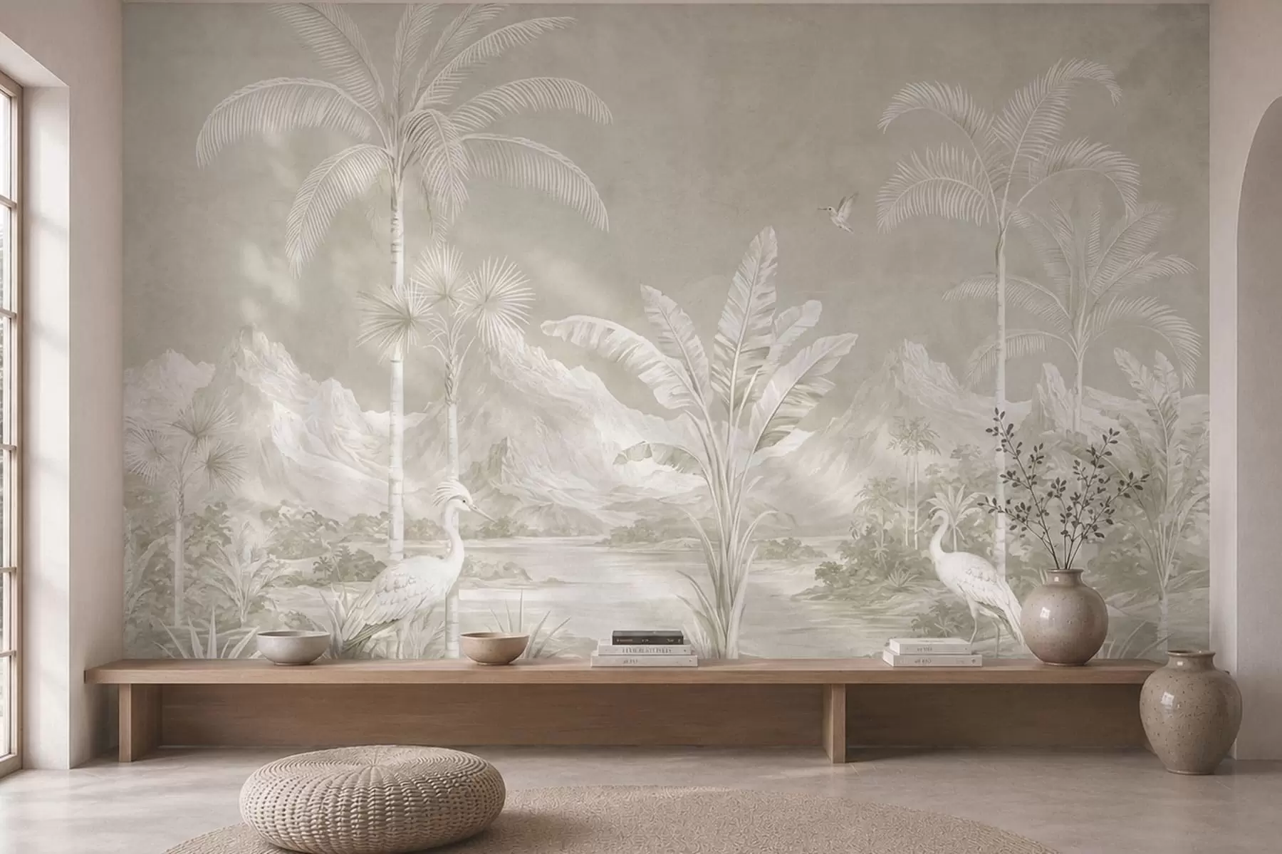 murais de parede Paisagem tropical luminosa com palmeiras, pássaros e montanhas w05819v1