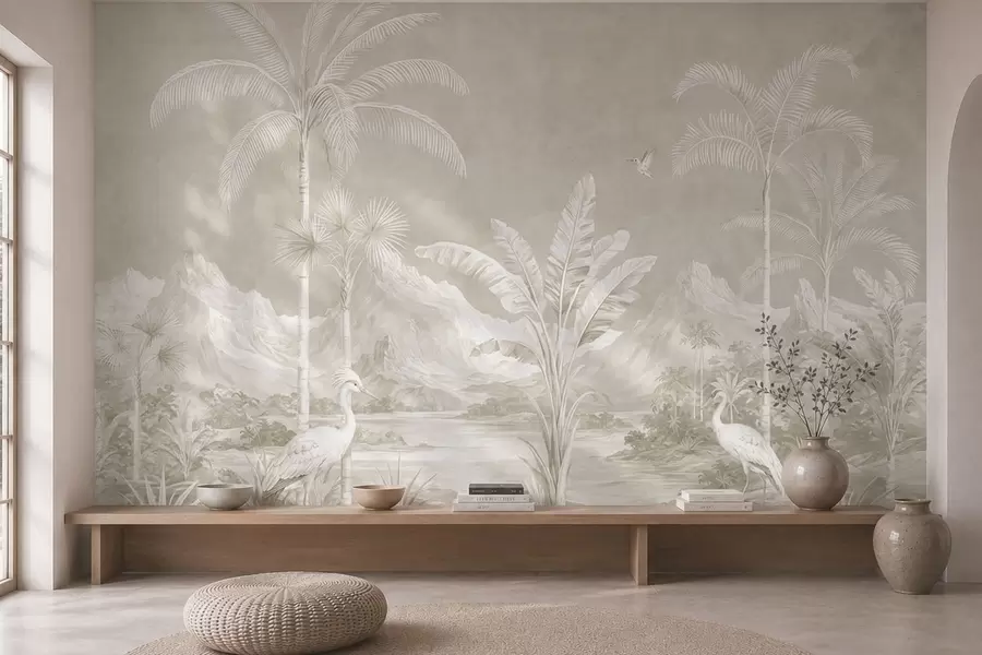 murais de parede Paisagem tropical luminosa com palmeiras, pássaros e montanhas w05819v1