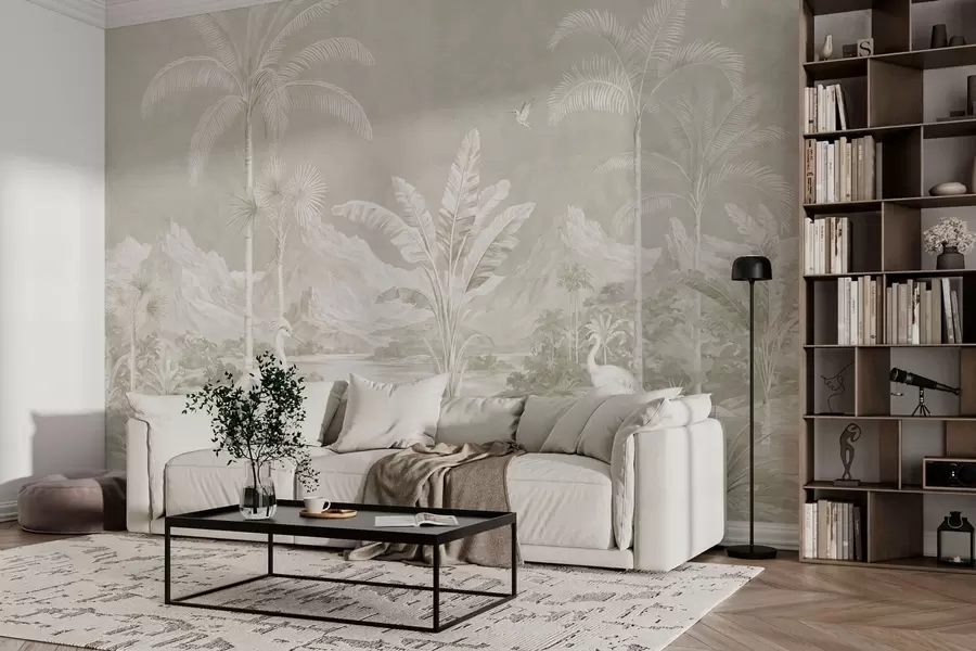 murais de parede Paisagem tropical luminosa com palmeiras, pássaros e montanhas w05819v1