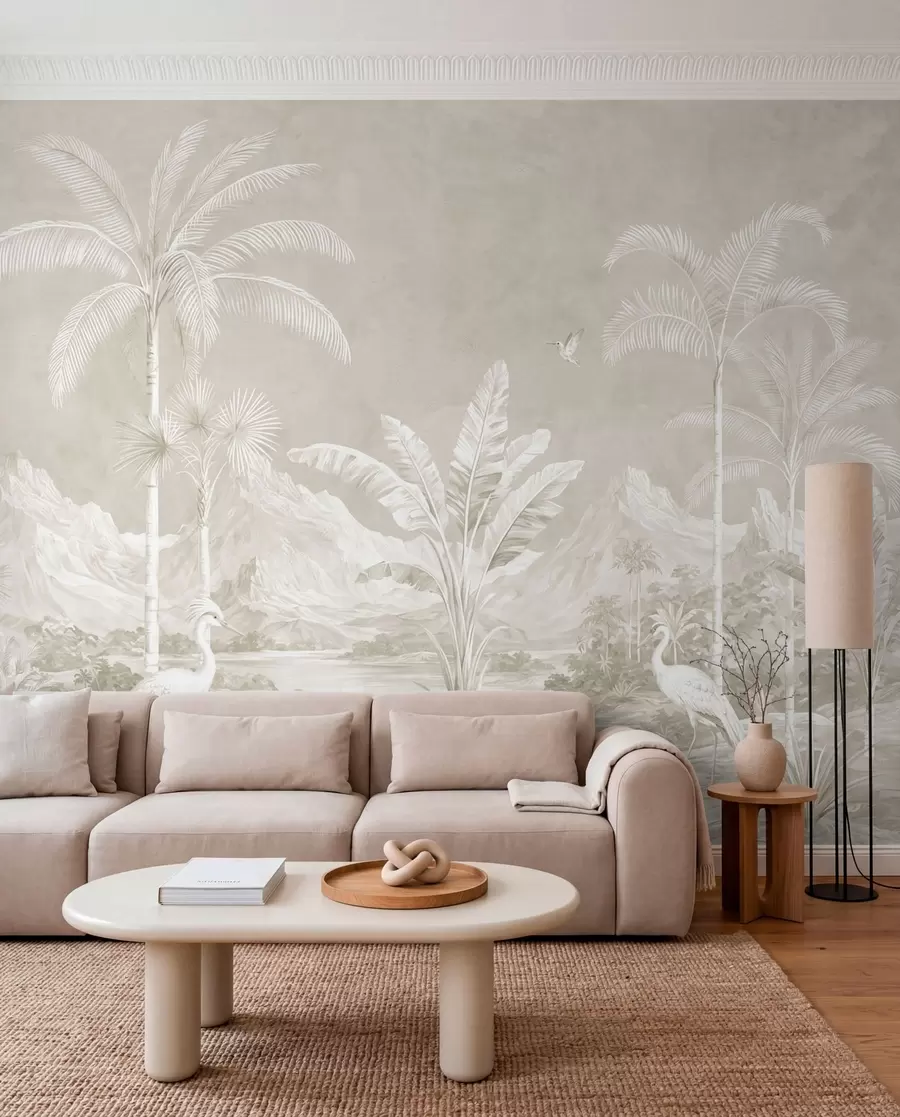 murais de parede Paisagem tropical luminosa com palmeiras, pássaros e montanhas w05819v1