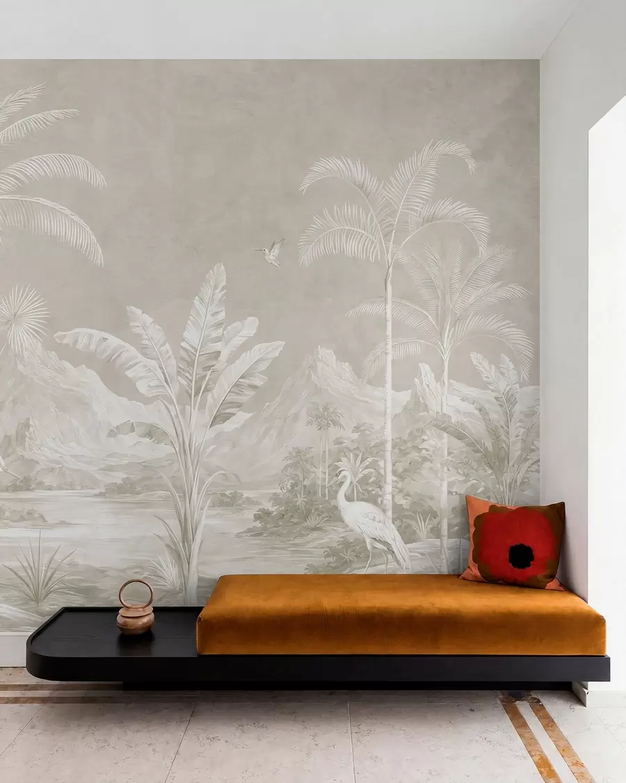 murais de parede Paisagem tropical luminosa com palmeiras, pássaros e montanhas w05819v1