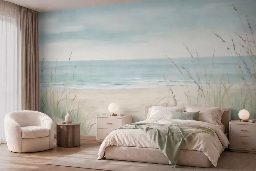 murais de parede Areia com conchas, uma praia tranquila e ervas em suaves tons pastel w05821