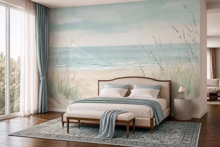 murais de parede Areia com conchas, uma praia tranquila e ervas em suaves tons pastel w05821