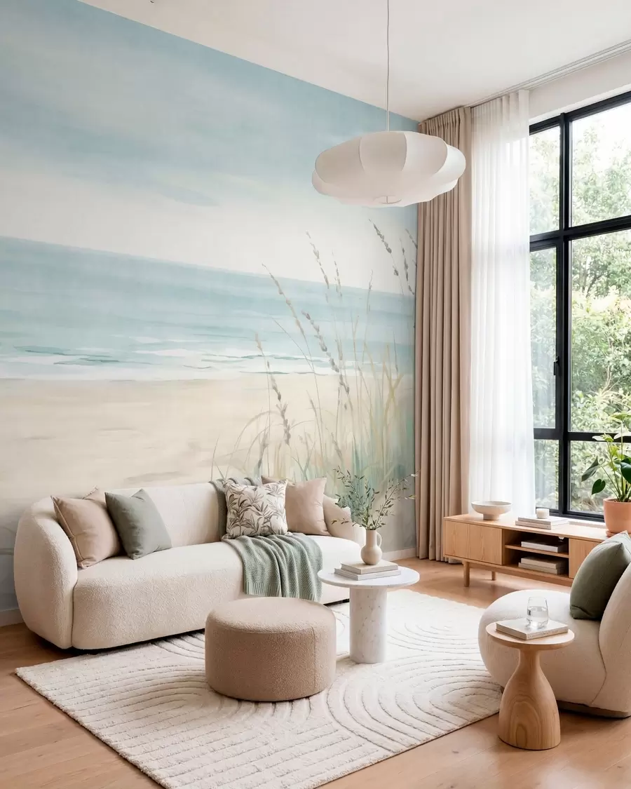 murais de parede Areia com conchas, uma praia tranquila e ervas em suaves tons pastel w05821
