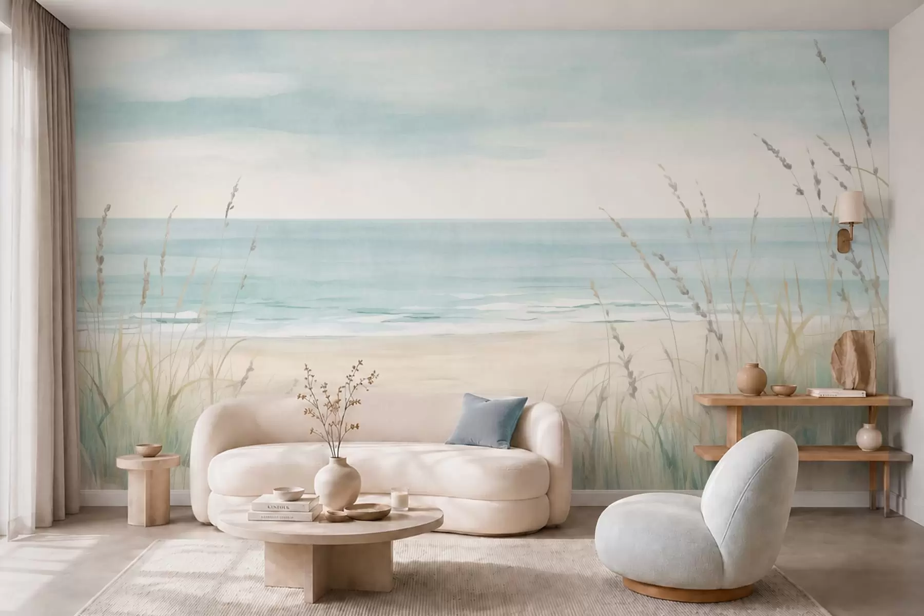 murais de parede Areia com conchas, uma praia tranquila e ervas em suaves tons pastel w05821