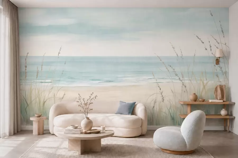 murais de parede Areia com conchas, uma praia tranquila e ervas em suaves tons pastel w05821