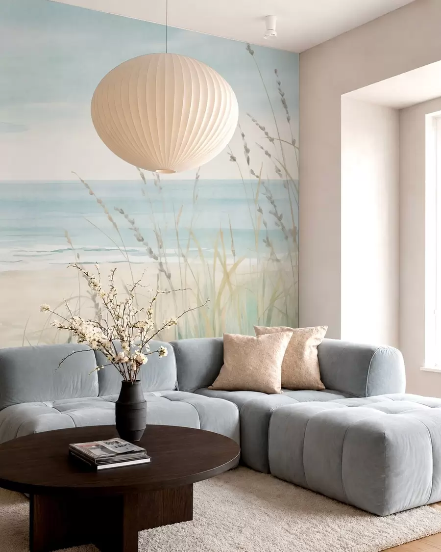 murais de parede Areia com conchas, uma praia tranquila e ervas em suaves tons pastel w05821