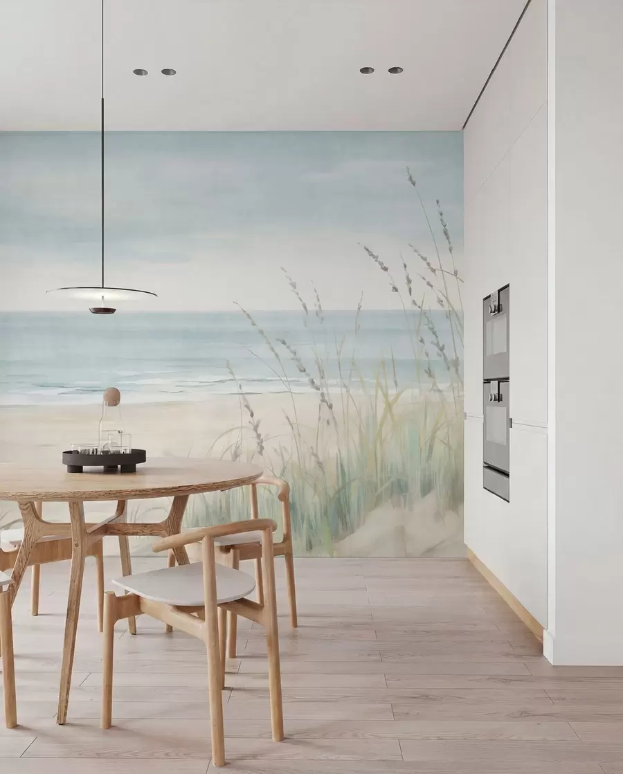 murais de parede Areia com conchas, uma praia tranquila e ervas em suaves tons pastel w05821
