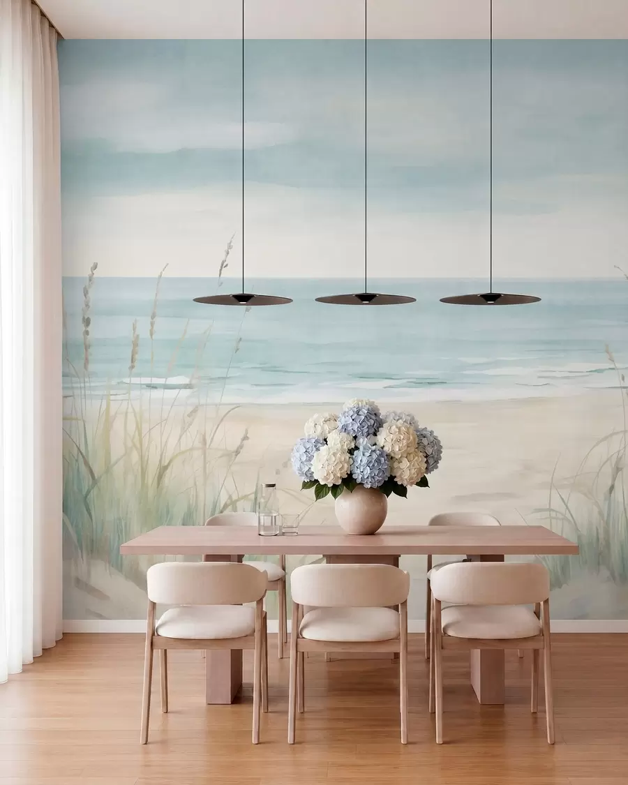 murais de parede Areia com conchas, uma praia tranquila e ervas em suaves tons pastel w05821