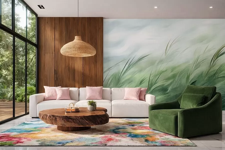 murais de parede Verde-salva, com delicadas ervas a balançar suavemente ao sabor de uma brisa tranquila w05853