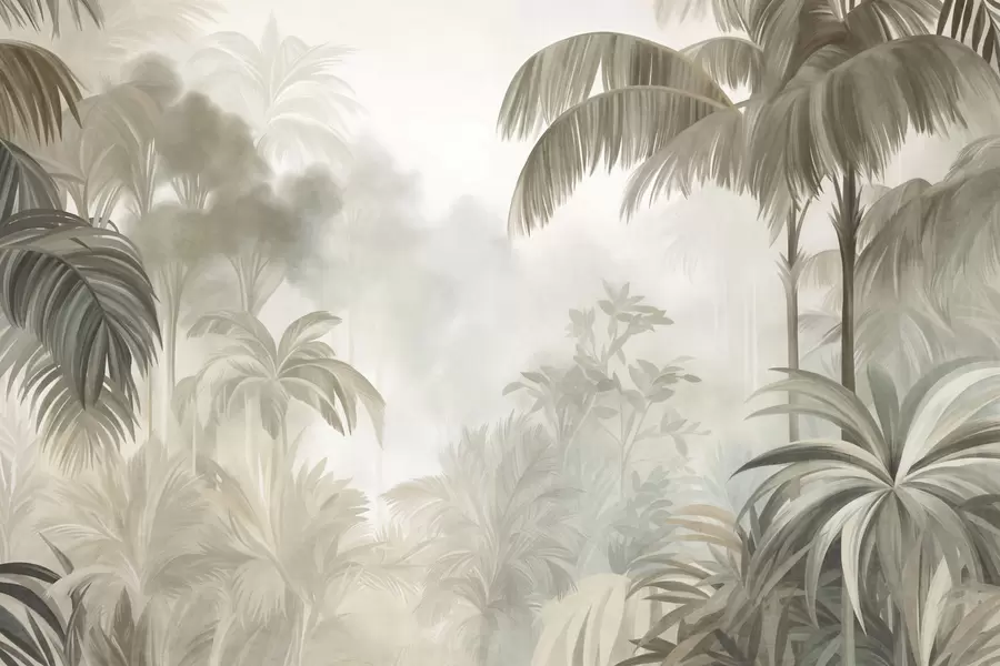 murais de parede Paisagem de selva com textura, com palmeiras e vegetação exuberante, num estilo suave e pictórico w10016
