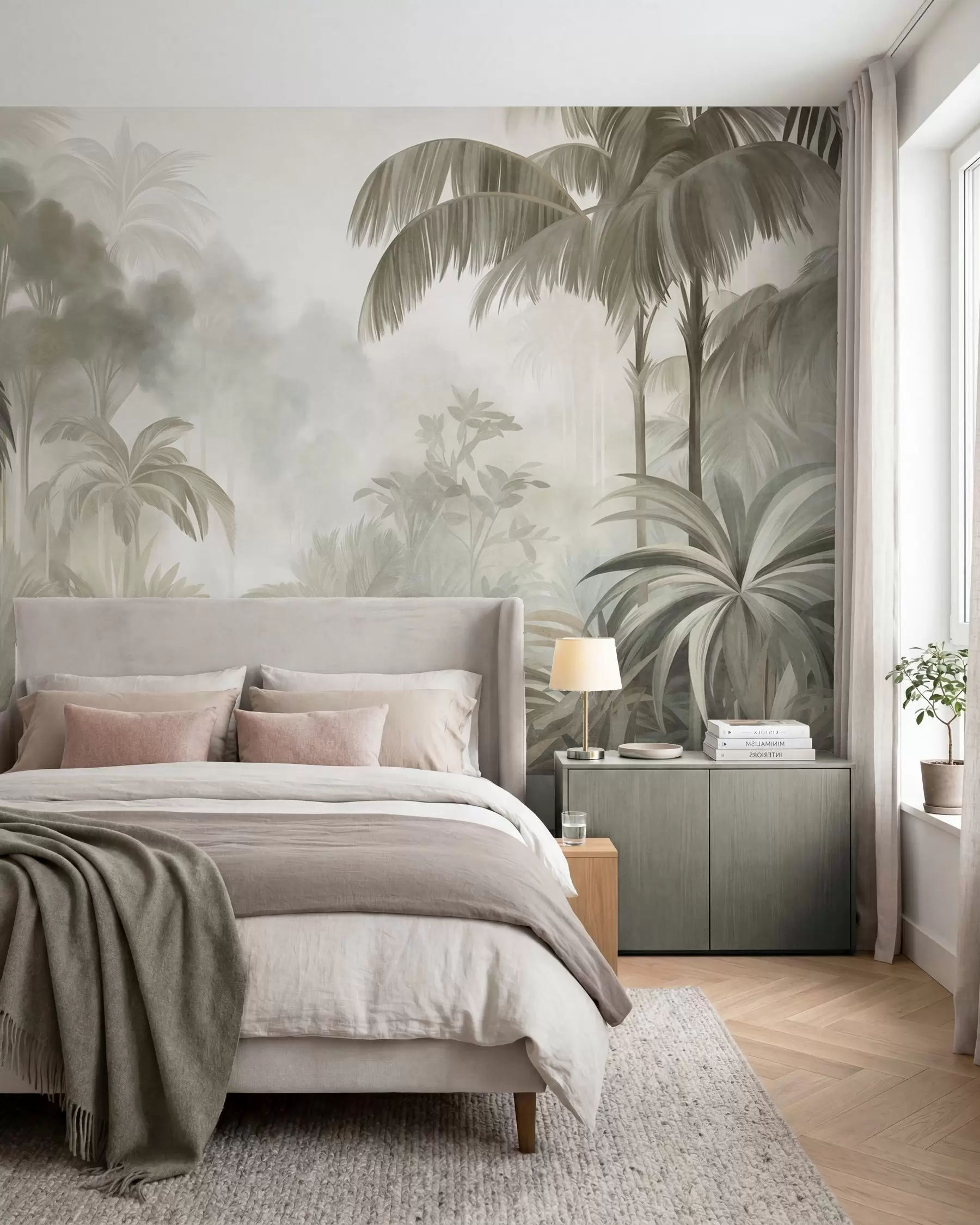 murais de parede Paisagem de selva com textura, com palmeiras e vegetação exuberante, num estilo suave e pictórico w10016