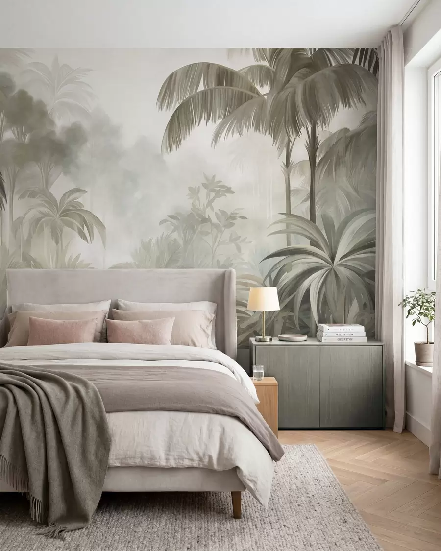murais de parede Paisagem de selva com textura, com palmeiras e vegetação exuberante, num estilo suave e pictórico w10016