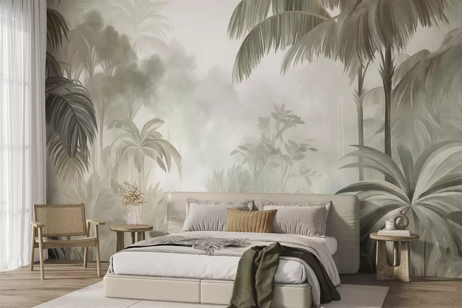 murais de parede Paisagem de selva com textura, com palmeiras e vegetação exuberante, num estilo suave e pictórico w10016