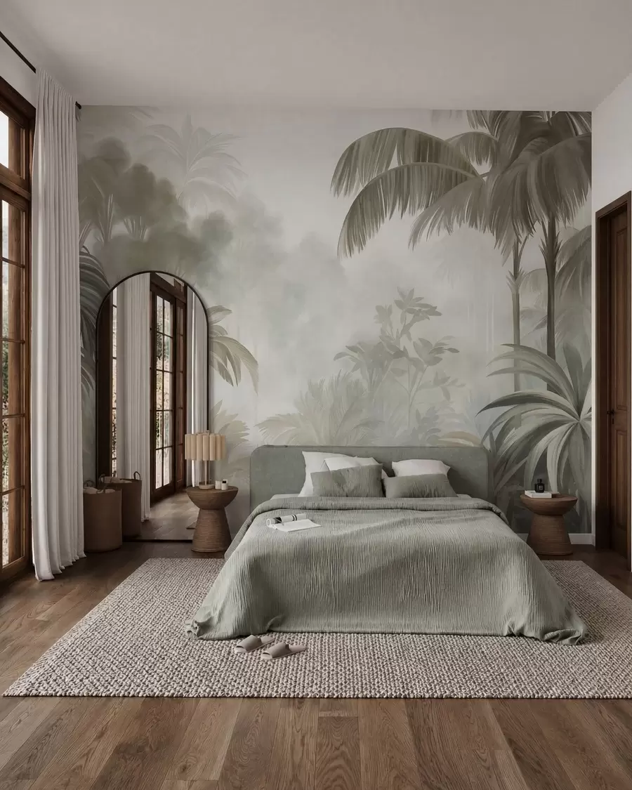 murais de parede Paisagem de selva com textura, com palmeiras e vegetação exuberante, num estilo suave e pictórico w10016
