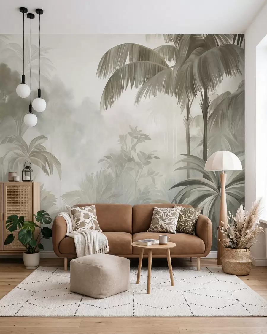 murais de parede Paisagem de selva com textura, com palmeiras e vegetação exuberante, num estilo suave e pictórico w10016