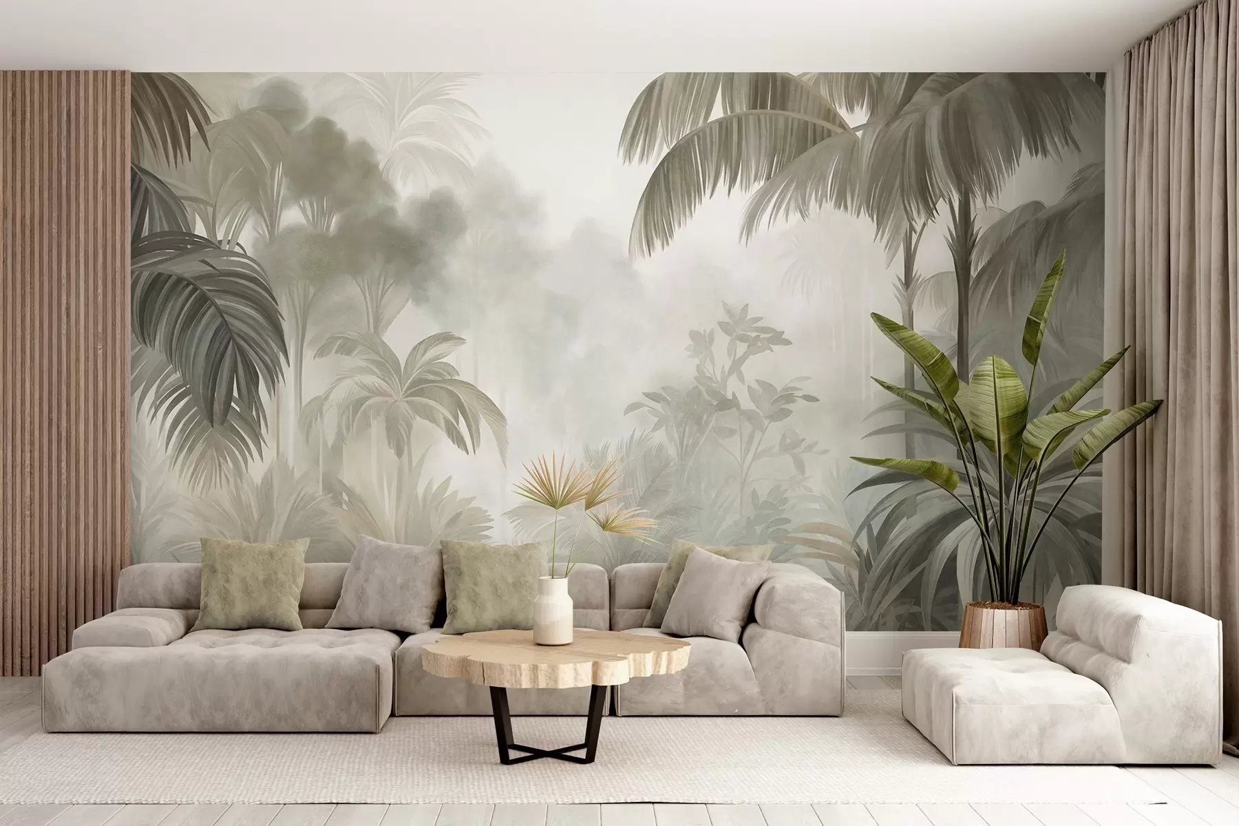 murais de parede Paisagem de selva com textura, com palmeiras e vegetação exuberante, num estilo suave e pictórico w10016