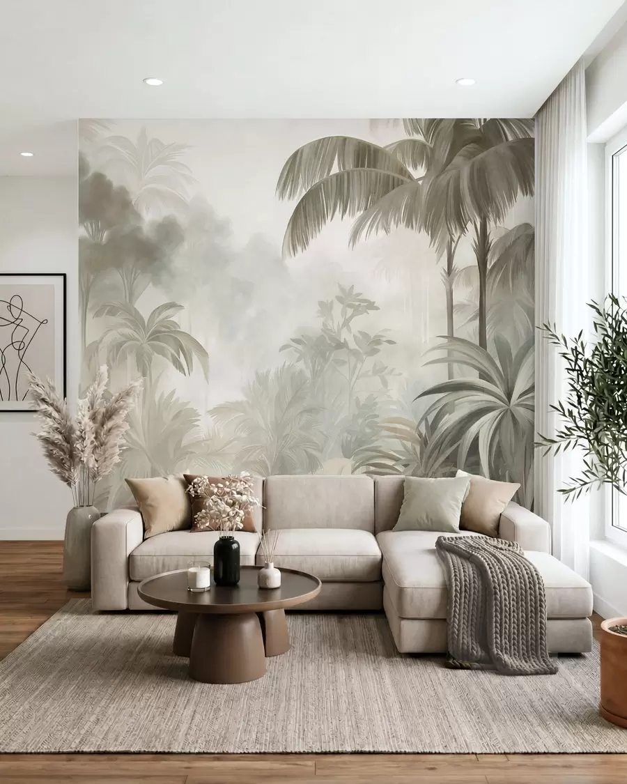 murais de parede Paisagem de selva com textura, com palmeiras e vegetação exuberante, num estilo suave e pictórico w10016